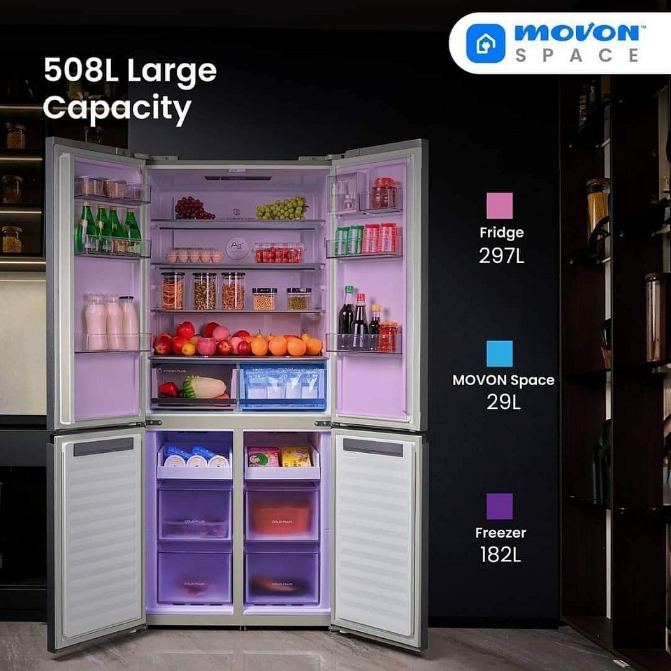 Muatan besar 508liter dengan 3 kompartmen utama kawalan suhu berasingan. Fridge : 297liter, Movon Space : 29liter dan Freezer : 182liter.